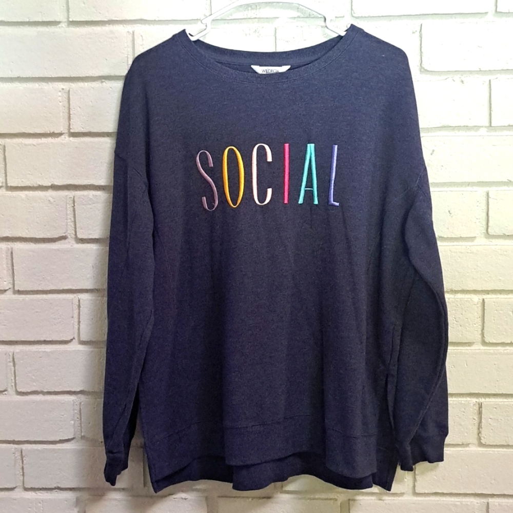 Wildfox Navy Blue SOCIAL Embroidered Sweatshirt. Size Large
